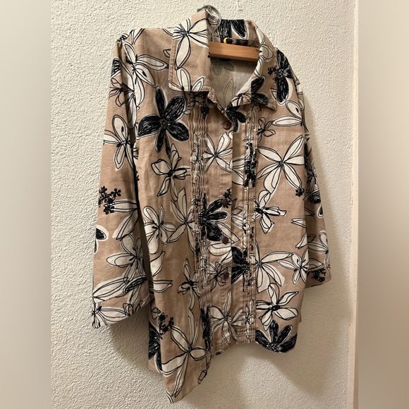 Spartelle Women Linen Blend Floral Button Up Blouse 3/4 Sleeves Tan/Brown Sz M - Picture 1 of 5